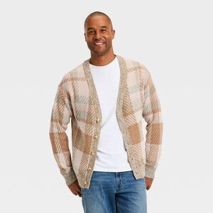 Open Box - Goodfellow & Co - Men's Long Sleeve Plaid V-Neck Cardigan Cream